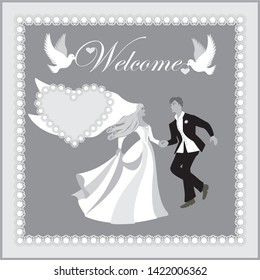 Vector illustration. Wedding, invitation, advertisment or poster. Bride and grom are dancing. Text Welcome is carried by pigeons.