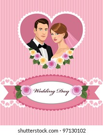 Vector illustration of wedding invitation with bride and groom