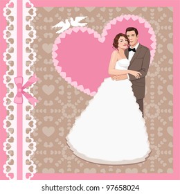 Vector illustration of wedding invitation with bride and groom