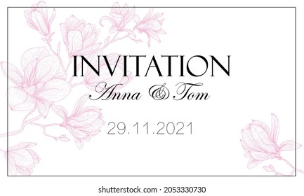 Vector illustration of a wedding invitation. Business card template. Delicate graphic pink magnolia flowers