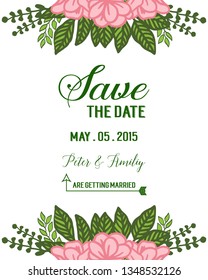 Vector illustration wedding invitation card with blooming pink flower frames hand drawn