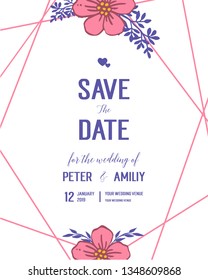 Vector illustration wedding invitation card with purple leafy flower frame hand drawn