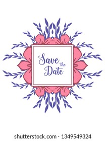 Vector illustration wedding invitation card save the date with pink flower frames blooms hand drawn