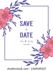 Vector illustration wedding invitation card save the date with pink flower frames blooms hand drawn