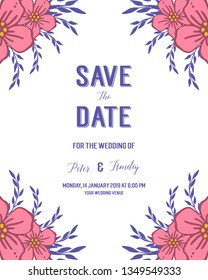 Vector illustration wedding invitation card save the date with pink flower frames blooms hand drawn