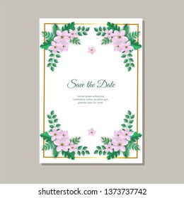 Vector illustration of wedding invitation card with tender floral frame of elegant pink flowers and green leaves at corners on white background. Romantic natural composition with copy space.