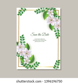 Vector illustration of wedding invitation card with tender floral compositions of light pink flowers and green leaves on white background. Romantic natural design with copy space.