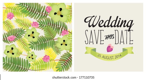 Vector illustration. Wedding invitation card. Card is editable with background flower, font, type, ribbons and heart vector