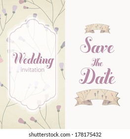 Vector illustration. Wedding invitation card. Card is editable with background flower, font, type, ribbons and heart vector