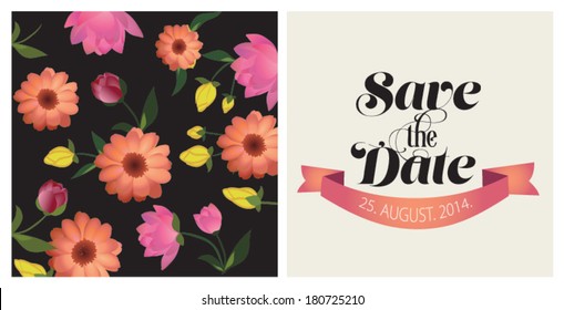 Vector illustration. Wedding invitation card. Card is editable with background flower, font, type, ribbons and heart vector 