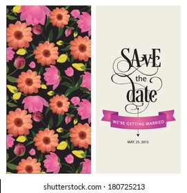 Vector illustration. Wedding invitation card. Card is editable with background flower, font, type, ribbons...