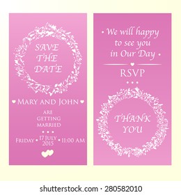 Vector illustration of wedding invitation card. Pink color. Double sided.