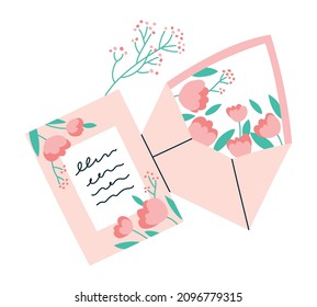 Ilustración vectorial de una carta de invitación a la boda en estilo plano. Sobre floral dibujado a mano con una letra manuscrita. Concepto especial de invitación a un evento.