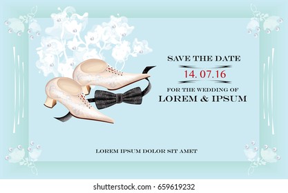 vector illustration of a wedding invitation with retro style shoes decorated with pearls and the bow tie 