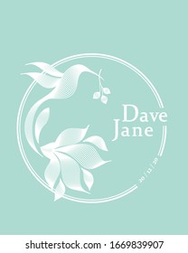  Vektorillustration. Hochzeitseinladung. Runde Blumendekor und Vögel, Rahmen, Logo-Vorlage. Handgezeichnete Gravur. Dave und Jane Wedding Day Postkartenvorlage.