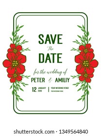 Vector illustration wedding invitation template with abstract red wreath frames hand drawn
