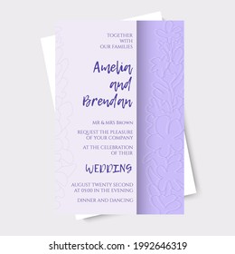 Vector illustration of wedding invitation template with violet lavender. Postcard in pastel colors for printing on a wedding.