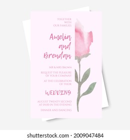 Vector illustration of wedding invitation template with pink rose. Postcard in pastel colors for printing on a wedding, poster.