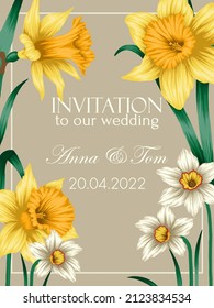 Vector illustration of a wedding invitation template with flowers daffodils