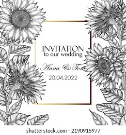 Vector illustration of wedding invitation template. Graphic linear sunflower flowers