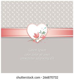 Vector illustration of a wedding invitation template in pastel soft colors with ribbon and heart  decorated with flowers