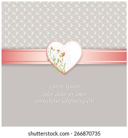 Vector illustration of a wedding invitation template in pastel soft colors with ribbon and heart  decorated with flowers