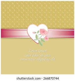 Vector illustration of a wedding invitation template in pastel soft colors with ribbon and heart  decorated with flowers