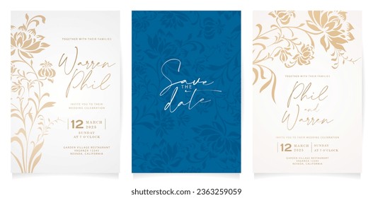 Vector illustration Wedding invitation three set cards with peony flower ornament. Save the date letter for greetings cards template, Stationery, Layout, collage, scene designs, event flyers printings