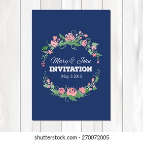 Vector illustration - wedding invitation with watercolor flowers and typographic elements. Card template on a wooden background. Free fonts used: Nexa Rust, Alex Brush, Crimson