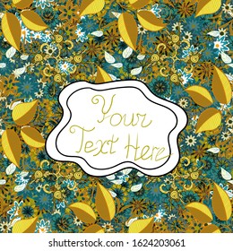 Vector illustration. Vector wedding, natural, rustic paper on blue, yellow and white background. Hand drawn seamless pattern with leaves, branch.