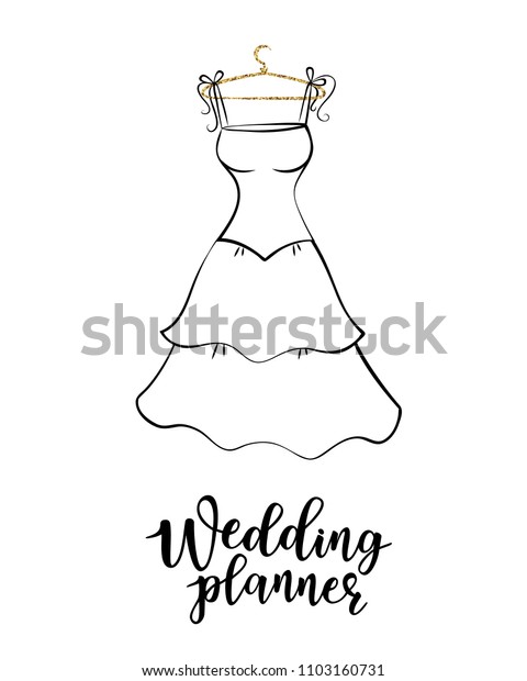 Vector illustration of \'Wedding planner\'\
lettering with a simple dress. Can be used for invitations, gifts,\
leaflets, brochures.