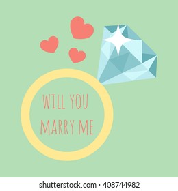 Vector illustration of wedding ring with diamond and the words - Will you marry me in it. Design for poster or card.