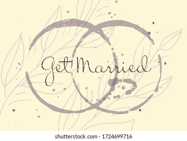 
Vector illustration of wedding rings for invitation, event, celebration. Get married. Symbol, sign, icon of marriage. Flower, leaf, branch. Vintage background. Decoration element for weeding.