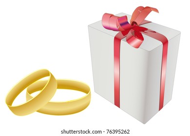 Ilustración vectorial de los anillos de boda y la caja actual