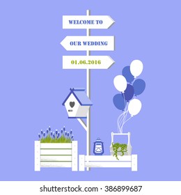 Vector illustration with wedding signpost, starling, balloon on blue background. Variant of design of your wedding card