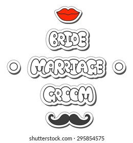Vector illustration: wedding sticker slogan "bride, marriage, groom"  made of white plump hand-drawn letters, lips, mustache and buttons isolated on white background