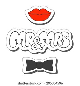 Vector illustration: wedding sticker slogan "Mr and Mrs"  made of white plump hand-drawn letters, kiss and bow tie isolated on white background