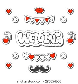Vector illustration: wedding sticker slogan "wedding"  made of white plump hand-drawn letters, hearts, cherry, lips, flag garlands, mustache and kiss isolated on white background