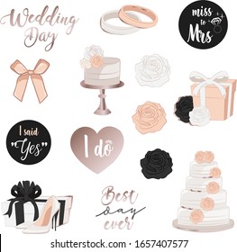 Vector illustration of wedding stickers in powder pink and black palette 