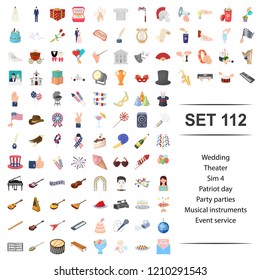 Vector illustration of wedding, theater, patriot, day, party parties musical instruments event service icon set.