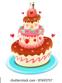 Vector illustration of a wedding tiered cake decorated with flowers and funky hearts