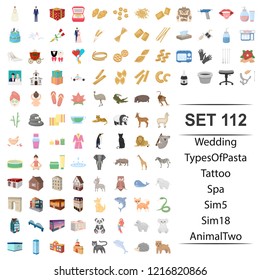 Vector illustration of wedding, type, pasta, tattoo spa animal icon set.