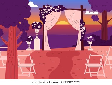 Vector illustration of the wedding venue against the background of the sunset sky. There is a wedding arch, flowers in vases and chairs for summer celebrations.