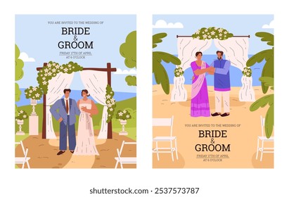 Vector illustration of the wedding venue, the bride and groom holding hands. There is a wedding arch, flowers and a beach background for summer celebrations.