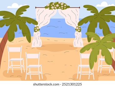 Vector illustration of the wedding venue on the background of the sea beach. There is a wedding arch decorated with flowers and chairs for memorable celebrations.