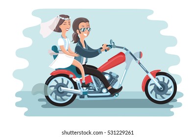 Vector illustration of wedding young couple riding the motorcycle. The long-haired guy with glasses and jeans and cute girl in short dress and vest on white isolated background.