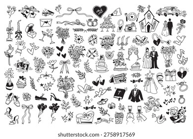 Vector illustration of wedding-themed doodles, including rings, flowers, cakes, and couples. Black and white sketches on a white background.