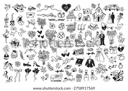 Vector illustration of wedding-themed doodles, including rings, flowers, cakes, and couples. Black and white sketches on a white background.