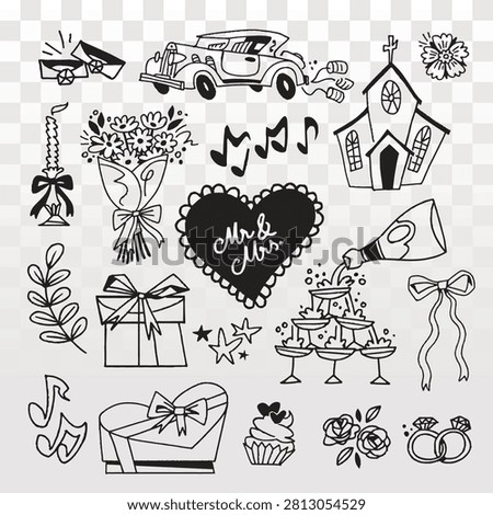 Vector illustration of wedding-themed doodles, including a car, church, bouquet, gifts, rings, and champagne, all in a playful, hand-drawn style.