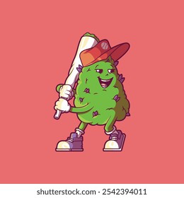 Ilustración vectorial de un personaje de Weed Bud jugando béisbol. Concepto de diseño de hierba y deporte.